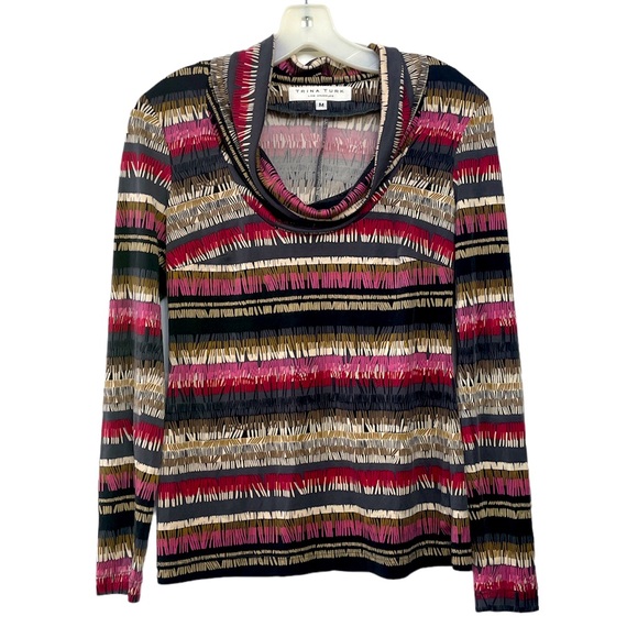 Trina Turk Silk Cowl Neck Long Sleeve Top Striped Size Medium - Picture 1 of 8
